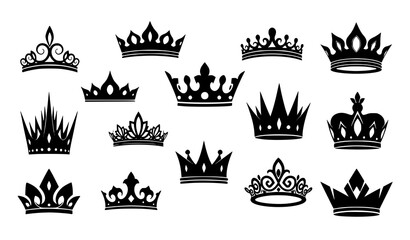 Luxury crown silhouettes vector set with royal king queen tiaras black flat design collection © Mithun