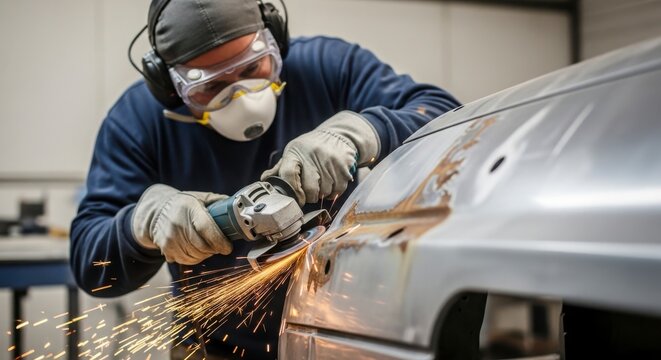 Mechanic grinding car body with angle grinder in workshop