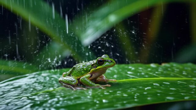 Vibrant Green Frog Resting on a Lush Leaf During a Serene Tropical Rainfall