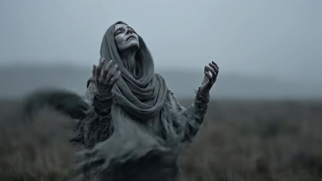 Woman in hooded cloak raises arms in misty field. Mystical ritual unfolds with prayer gesture. Dramatic outdoor spiritual sequence evoking supernatural atmosphere and ancient ceremony.