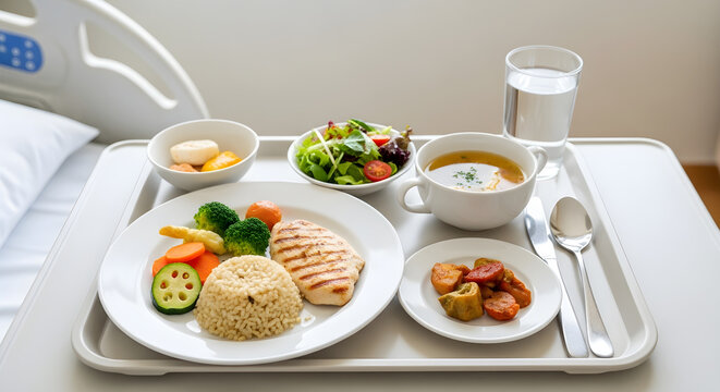 Hospital food tray with grilled chicken, rice, vegetables, salad, soup, and a drink, representing healthcare meals and patient nutrition