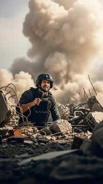 Man journalist wearing helmet and bulletproof vest broadcasting news live from a war zone amidst explosion and debris Vertical video