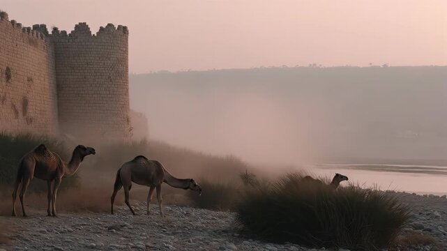 Camels walking toward ancient desert fortress. Caravan sequence in misty landscape at dusk. Nomadic journey with stone walls and sandy terrain exploration.