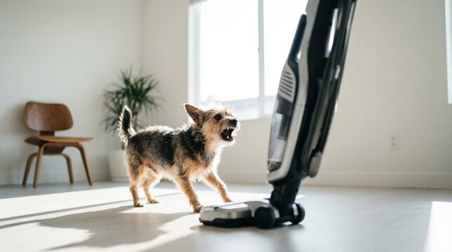 Small dog barking at a vacuum cleaner in a bright room