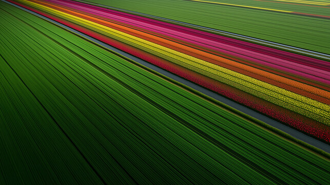 Aerial view of tulip field with colorful winding rows of blooms