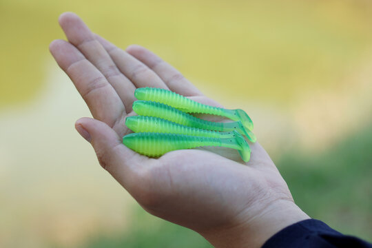 Hand holding green soft plastic fishing lures, artificial bait for freshwater angling, close-up detail of fishing tackle with natural outdoor background