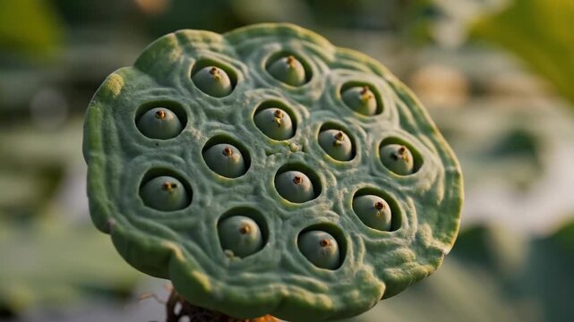Lotus seed pod with multiple seeds and intricate texture on natural background. Lotus seed pod showcases unique design featuring green outer skin and distinct seed cavities.
