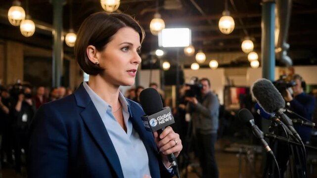 Woman reporter delivering live news report at press conference with microphone and camera crew in background for media broadcast