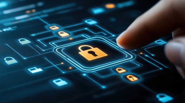 Hand touches digital padlock symbolizing security human hand engages with digital security padlock
