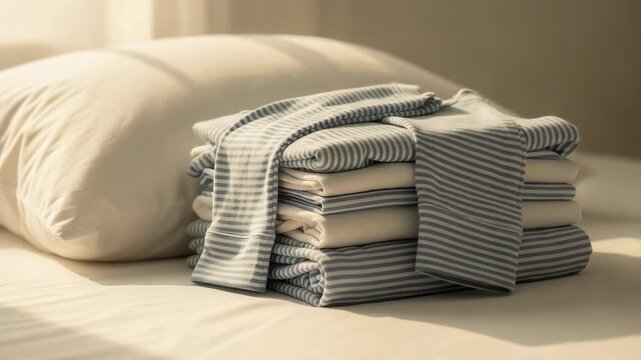 Slow dolly tracking shot of folded striped pajamas stacked on bed next to pillow in soft morning light