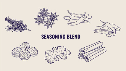 Seasoning blend and spices doodle set, cooking herbs hand drawn icons, kitchen flavorings and ginger sketches, food seasoning vector illustration collection, cinnamon and spice line art, culinary ingr © Geetaroy
