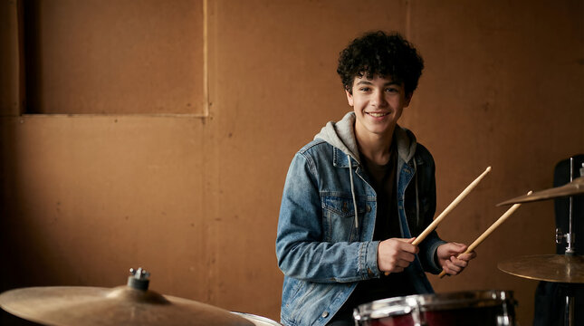 Teen drummer smiling joyfully in a music studio