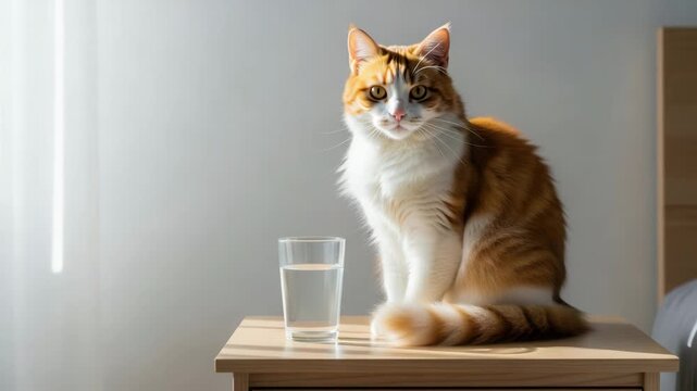 Slow tracking shot of ginger tabby cat turning head while sitting on wooden bedside table by window