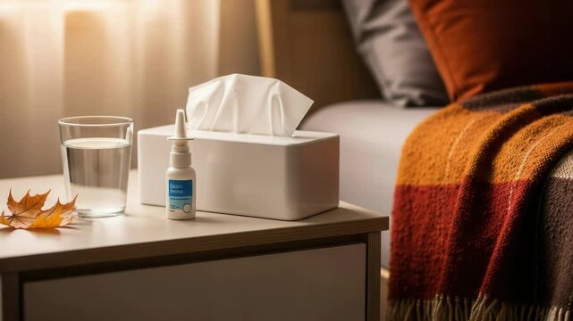 Slow pan of nasal spray bottle beside glass of water and tissue box on bedside table with folded blanket