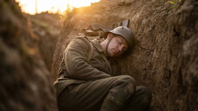Soldier resting in a trench during a moment of respite
