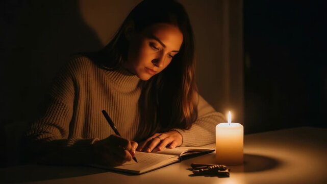 Slow motion tracking shot of woman writing by candle light at table indoors during quiet evening study for journal and diary use