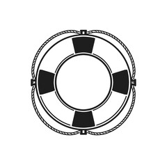 Naklejka premium Black and white lifebuoy icon with nautical rope, symbolizing water safety, emergency rescue, and maritime security. Essential for marine themes, boating, and safety graphics, providing a clear visual