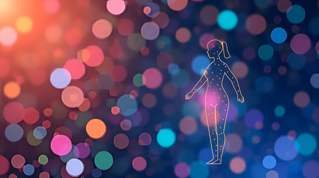 Colorful abstract shows hormones and weight-loss digital icons. Hormonal balance. New study shows hormone therapy enhances weight loss in postmenopausal women. Ai in health. Weight loss tech.
