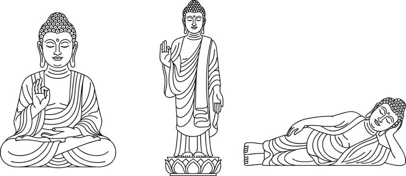 Buddha statue poses collection with sitting standing and reclining buddhist spiritual line art vector illustration set