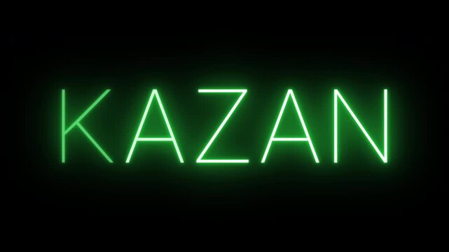 Flickering neon green glowing kazan sign animated on black background.