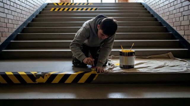 Young man artistically painting a yellow and black striped pattern on a public staircase step for safety and aesthetic improvement
