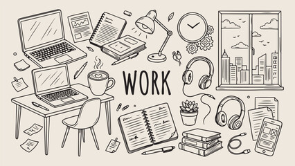 Fototapeta premium Work office lifestyle, Creative workspace elements, Computer coffee notebook, Business productivity icons, Remote work sketch, Hand drawn vector, Freelancer desk setup