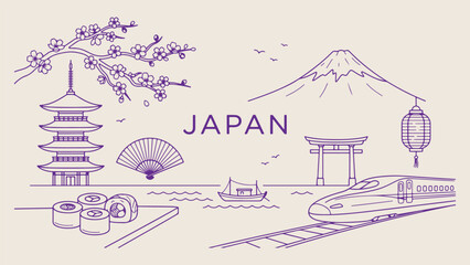  Japan cultural heritage, Mount Fuji illustration, Tokyo city landmarks, hand drawn Japanese icons, cherry blossom doodles, traditional Japan travel, oriental culture sketches