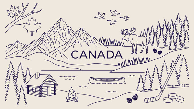 Canada travel landmarks, Toronto city skyline, Canadian nature outdoors, Maple leaf national symbol, Mountain landscape sketch, Vector line art, Tourism vacation poster