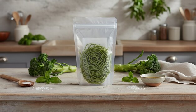 Fresh broccoli vegetable spaghetti in blank retail pouch