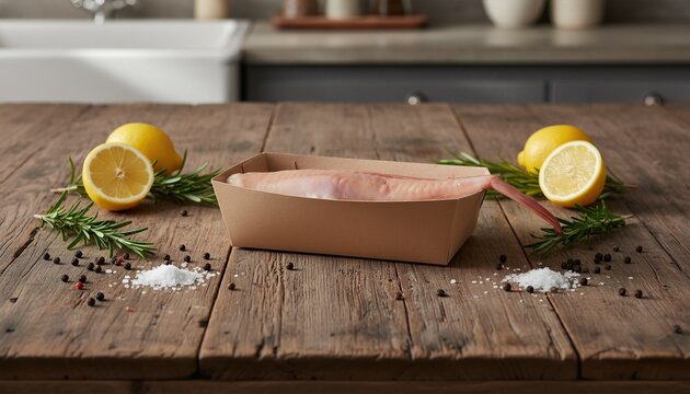 Fresh monkfish tail in rustic cardboard packaging