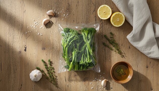 Fresh tenderstem broccoli in clear packaging on rustic wood