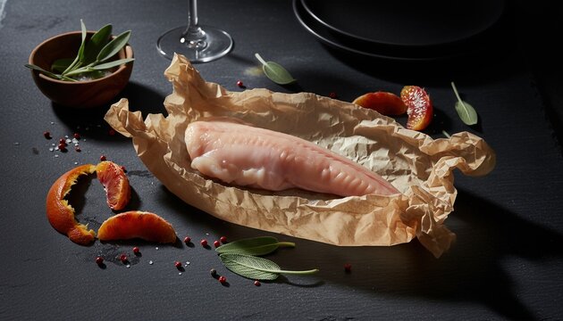 Moody gourmet monkfish tail on dark slate background