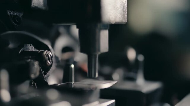 Industrial machine precisely processing a metal sheet on an assembly line, depicting manufacturing, engineering, and automated production technology in a factory setting