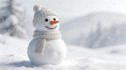 Obraz premium A delightful, smiling snowman stands proudly in a pristine, snow-covered winter landscape, adorned with a cozy knitted hat and scarf, embodying the joy and crisp beauty of the holiday season