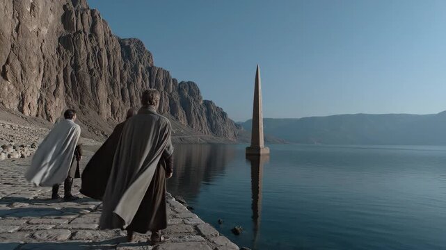 Three robed men approach towering stone pillars by mountain lake. Fantasy quest scene with rocky cliffs, clear water reflection and ancient statues in epic landscape.