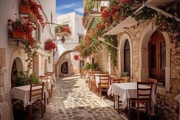 Fototapeta premium Cobblestone alley with outdoor restaurant tables set between stone buildings adorned with red flowers