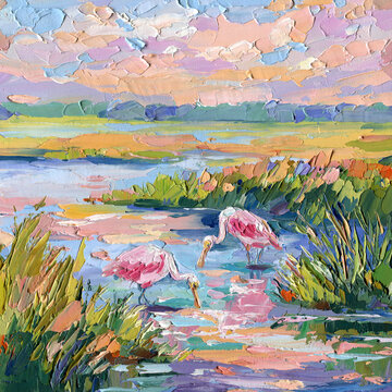 Roseate spoonbills wetland oil painting pastel marsh landscape with pink birds and reflective water at sunset