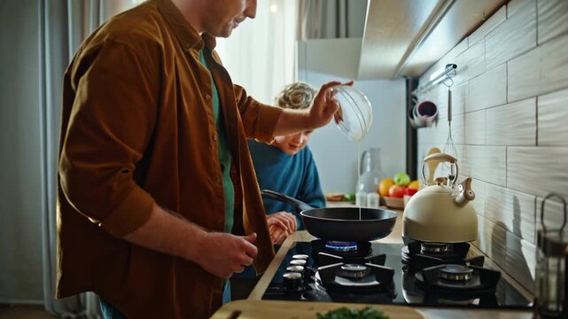 Father son frying omelette at domestic stove enjoying togetherness closeup. 