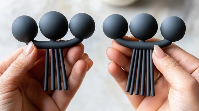 Two Hands Demonstrate Symmetrical Sets of Five Black Spheres Balanced on Vertical Stands