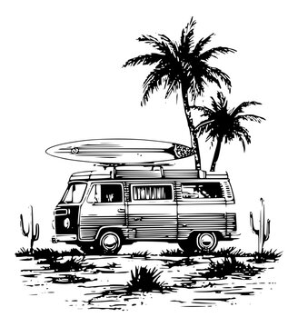 Van with surfboard beach illustration