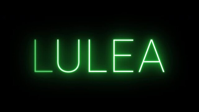 Flickering neon green glowing lulea sign animated on black background.