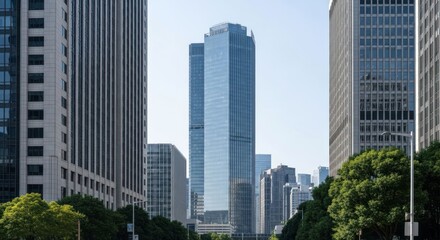 Naklejka premium Tall glass and concrete buildings line a city street under a bright sky