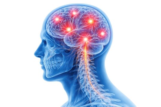 Human brain with multiple glowing pain points, medical concept showing neurological stress and cognitive discomfort isolated on white background