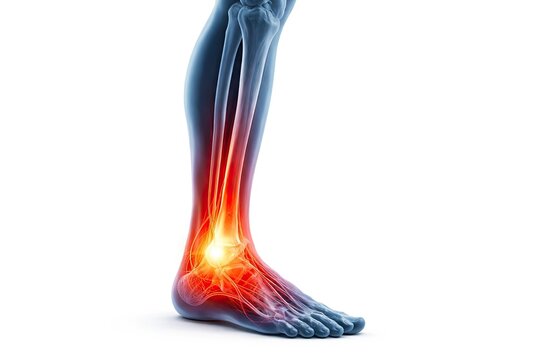 Lower leg shin pain highlighted in red, medical illustration showing muscle inflammation and stress injury isolated on white background