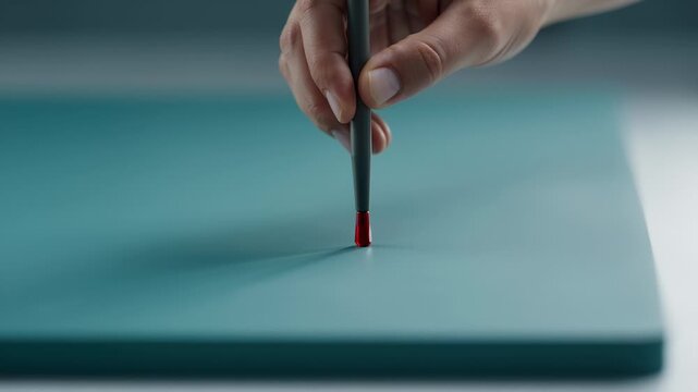 Close-Up of a Hand Holding a Stylus Pen With Red Tip Over a Teal Surface
