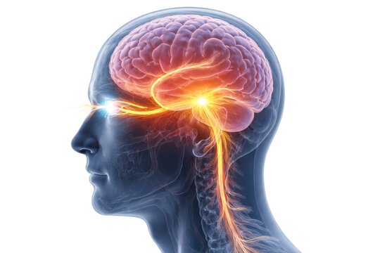 Human head with glowing nerve pathway in brain, medical concept showing neurological signals and nerve communication isolated on white background