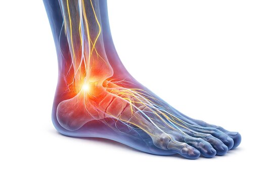 Foot and ankle joint with inflammation highlighted in red, medical concept showing sprain injury and ligament damage isolated on white background