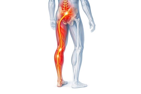 Human leg with nerve pain pathway highlighted in red, medical illustration showing sciatica and lower limb discomfort isolated on white background