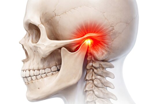 Human skull with jaw pain highlighted in red, medical illustration showing temporomandibular joint disorder and facial nerve discomfort isolated on white background
