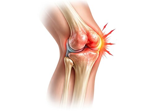 Knee joint inflammation with red pain highlight, medical concept showing ligament injury, arthritis and mobility problem isolated on white background